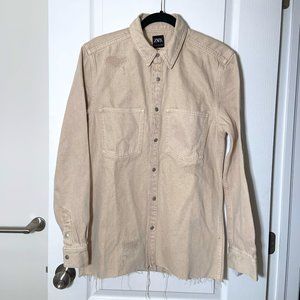 Zara Man Unisex Denim Relaxed Fit Shirt Jacket Shacket Cotton Beige Tan Size S